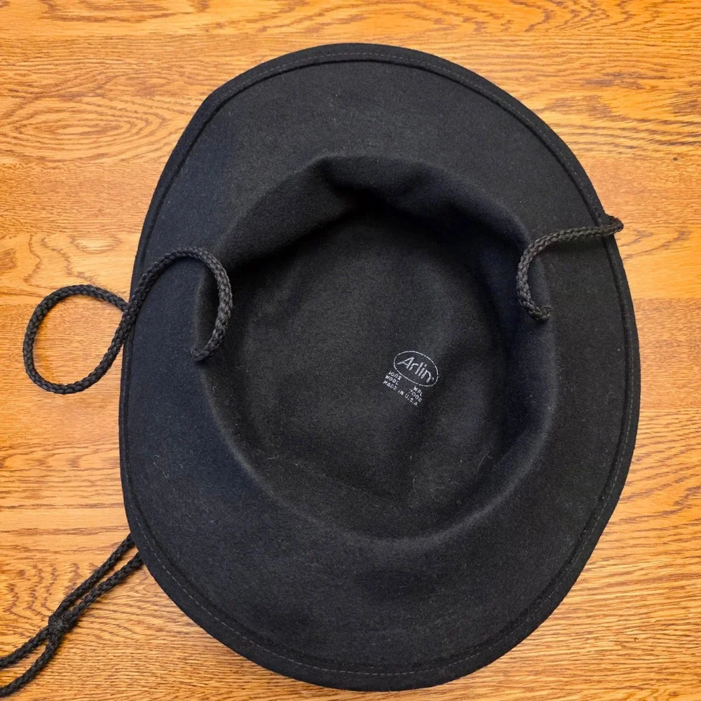 Arlin Vintage Black 100% Wool Wide Brim Felt Hat Chin‎ Strap Sombrero Cowboy USA
